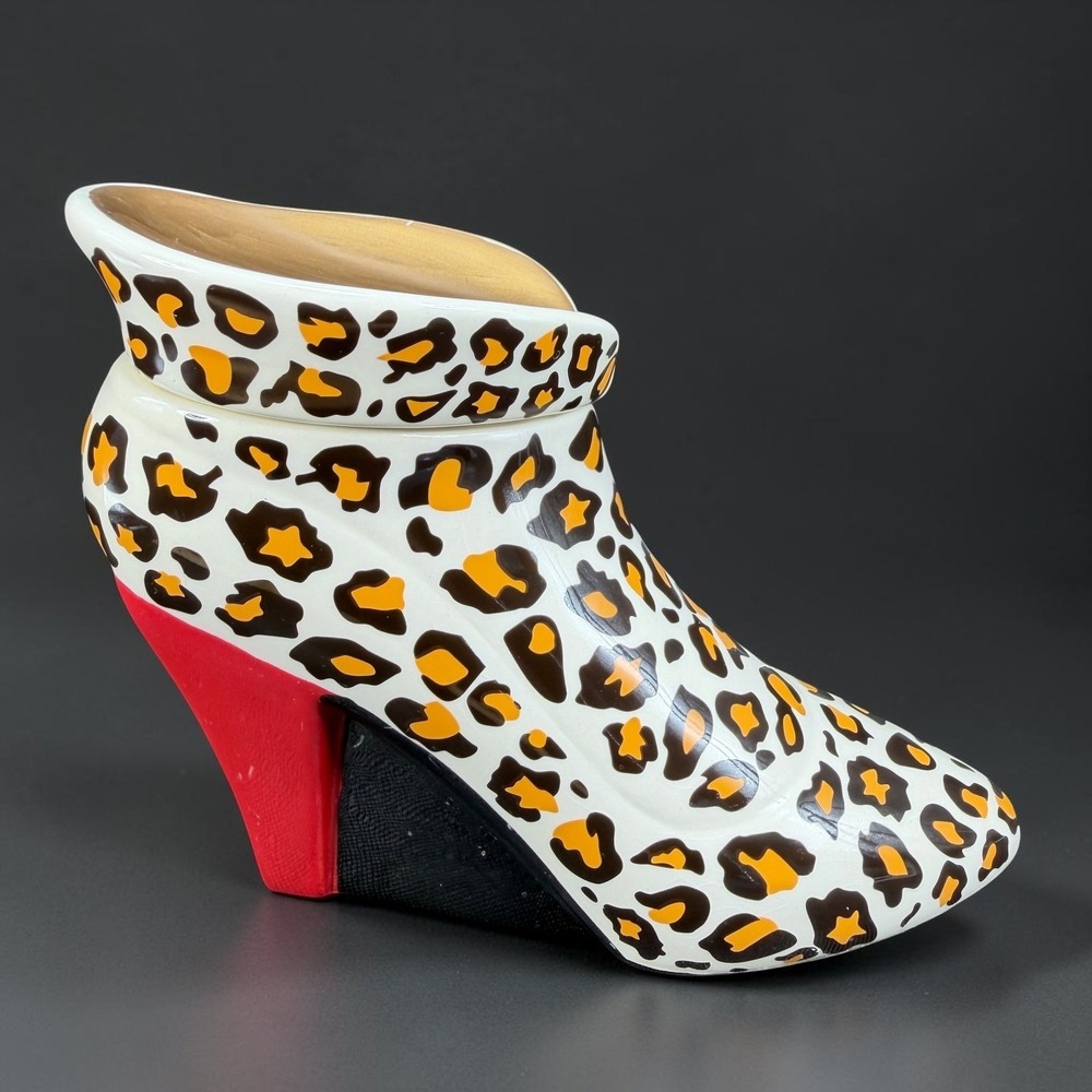 David's Cookies Leopard Print Wedge Boot Ceramic Cookie Jar Red Heel Gold Trim